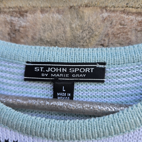 St John Sport by Marie Gray Sleeveless Top Knit Wool Blend Blue White Striped L - Picture 2 of 9